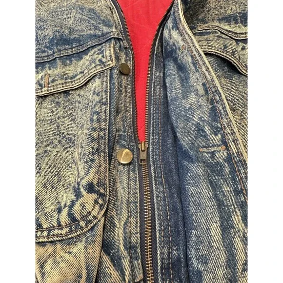 VTG Hill & Archer Trucker Jacket Acid Wash Denim Leather Collar‎ Mens XL Zip